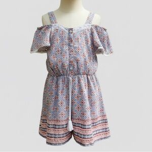 Geometric Print Kids Romper with Ruffle Sleeves